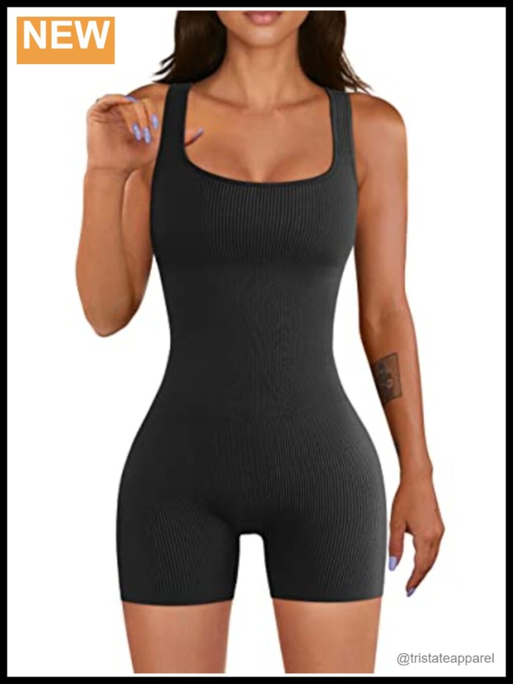 Seamless Ribbed Workout Romper Square Neck Short Sleeve Yoga Jumpsuit